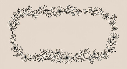 Hand drawn floral compositions in line art style. Elegant frame of flowers, stems and leaves. Trendy botanical elements. 