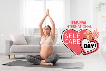 Sporty pregnant woman doing yoga at home. Banner for International Self Care Day