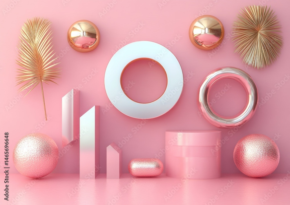 Poster abstract composition of metallic and matte geometric shapes and organic forms on a soft pink backgro