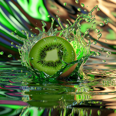 A juicy green kiwi fruit slice splashes into fresh water, a healthy and sweet tropical treat