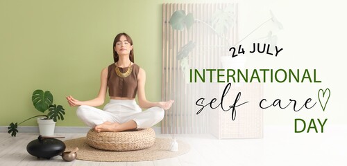 Beautiful young woman meditating at home. Banner for International Self Care Day