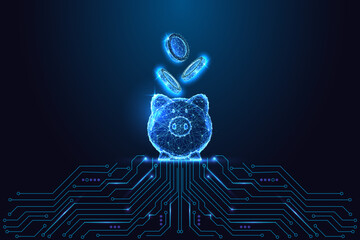 Smart savings and digital banking concept with glowing piggy bank and circuit board, vector © Inna