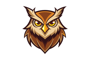 Colorful cartoon owl stares intensely forward with bright yellow eyes and brown feathers