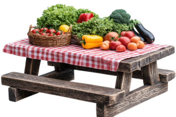 Fresh produce displayed on a checkered tablecloth featuring colorful vegetables and greens for a market or garden setting in daylight