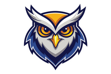 A stylized owl with gold eyes and a blue bordered feather pattern appears