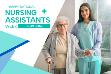 Young caregiver helping senior woman with stick to walk in kitchen