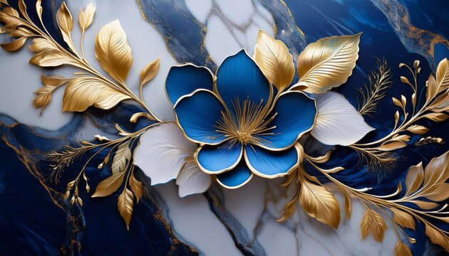 elegant blue and gold floral artwork on a marble background a beautiful depiction of nature s artistry