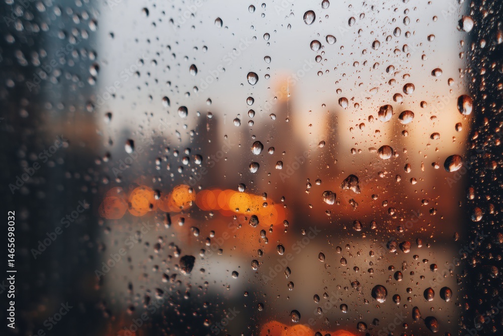 Leinwandbilder Raindrops on Window Create a Blurred View of a Warm-Toned City During Sunset Generative AI