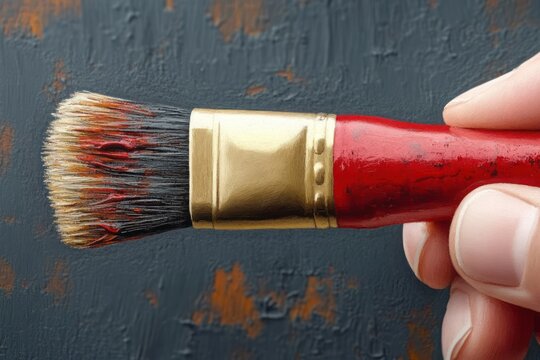 Close-up of a hand holding a red paintbrush with bristles dipped in red paint against a textured dark surface with orange-brown spots