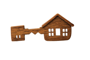 Wooden key shaped like a house on a transparent background evokes home ownership and security vibes for design and decoration projects