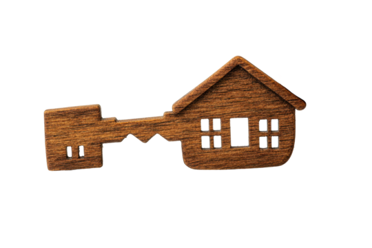 Wooden key shaped like a house on a transparent background evokes home ownership and security vibes for design and decoration projects