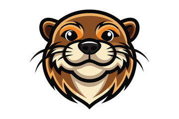 A cute brown otter head is smiling with bright eyes on a white background