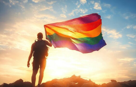 Person standing on rocky terrain holding a rainbow flag against a bright sunrise or sunset sky symbolizing pride and hope