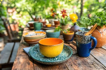 Rustic tableware arrangement on wooden table for dining, catering, and event decor uses