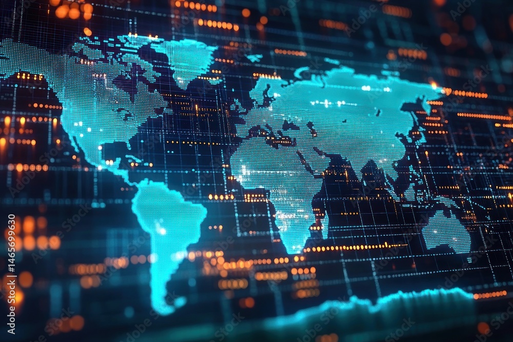 Poster digital blue world map with orange and blue data points and grid lines representing global digital c
