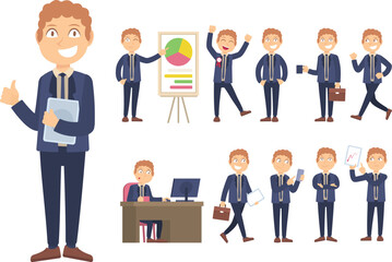 business character vector set with female businessman different pose gestures