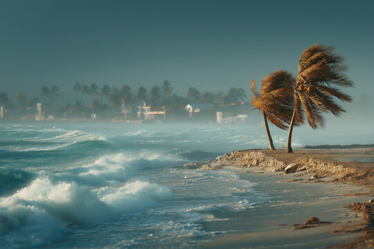 Two palm trees swaying in the wind on a sandy beach, with crashing waves and a misty background, creating a serene coastal atmosphere and natural beauty