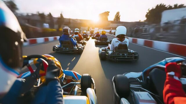Experience the thrill of go-kart racing as drivers navigate a vibrant urban track at sunset, showcasing intense competition and exhilarating speeds in this fast-paced environment