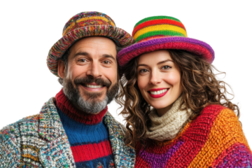 Colorful couple celebrating at a festive event wearing vibrant costumes, sunglasses, and accessories with a transparent background suitable for various designs