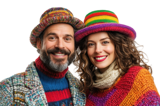 Colorful couple celebrating at a festive event wearing vibrant costumes, sunglasses, and accessories with a transparent background suitable for various designs - Powered by Adobe