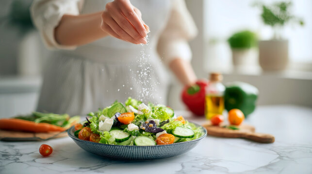 Woman salting tasty salad at white marble table indoors, closeup