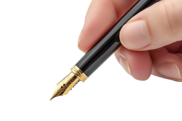 Holding a fountain pen with a shiny nib, designed for elegant writing and drawing on a transparent background for creative projects and designs