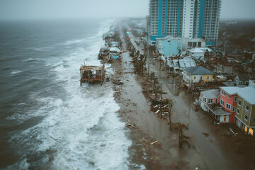 Aerial view of coastal area affected by storm, showcasing damaged buildings, flooded streets, and turbulent waves, illustrating the impact of natural disasters on communities