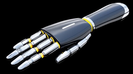 Sleek black robotic hand with chrome fingers and yellow accents, glossy finish, articulated design against black background