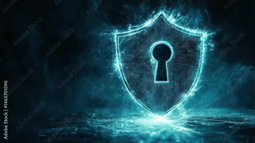 Poster glowing digital shield with keyhole symbolizing cybersecurity and data protection in a dark misty en