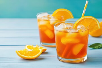 Refreshing orange beverage with ice and straw, summer drink uses.