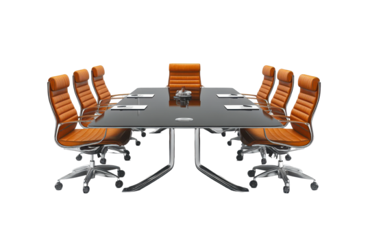 Modern conference table with sleek design and comfortable chairs arranged for meetings in a corporate setting