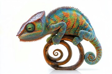 Colorful chameleon with detailed textured scales resting on a coiled wooden branch, displaying vibrant patterns of blue, green, orange, and red with a focused eye
