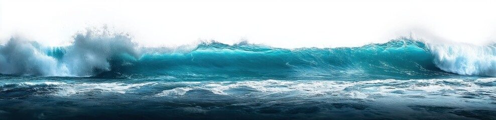 Obraz premium Powerful blue ocean waves crashing with white foam and mist under bright natural light