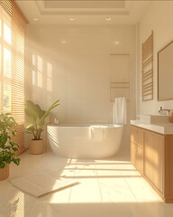 background of a beautiful bathroom with a medium size water heater in Scandinavian style in light colorsat the day lightultra realistic