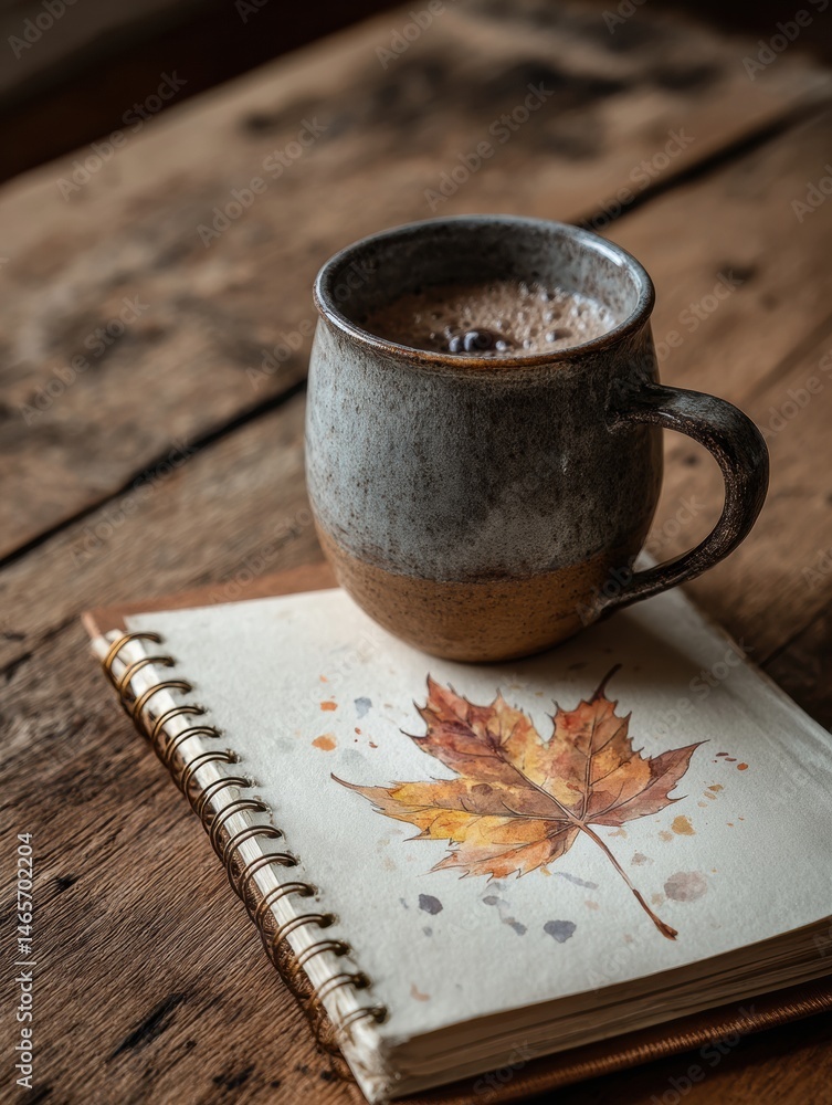 Poster Warm Mug Resting Next to Vintage Notebook Featuring Hand-Drawn Falling Leaf Sketch on a Rustic Wooden Table Generative AI