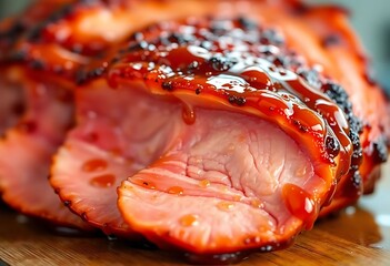 close up of a sliced ham on a cutting board
