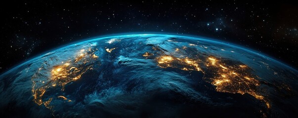 Obraz premium Night view of Earth from space with illuminated city lights, showing continents partially covered by clouds under a starry sky