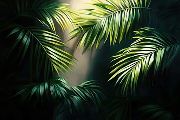 Close-up of lush green palm leaves bathed in soft sunlight creating a tranquil and fresh tropical atmosphere