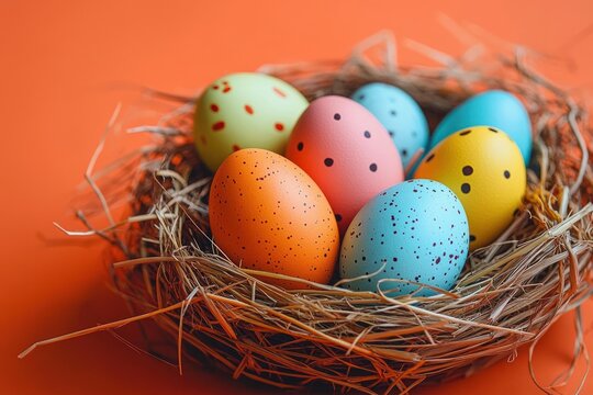 Colorful speckled eggs arranged in a natural straw nest on an orange background, evoking a cheerful and festive mood