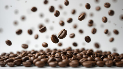 Obraz premium Roasted coffee beans levitating against a white backdrop
