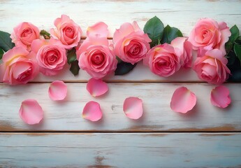 delicate soft pink roses with green leaves arranged in a row on a rustic white wooden surface with scattered rose petals creating a romantic and gentle atmosphere