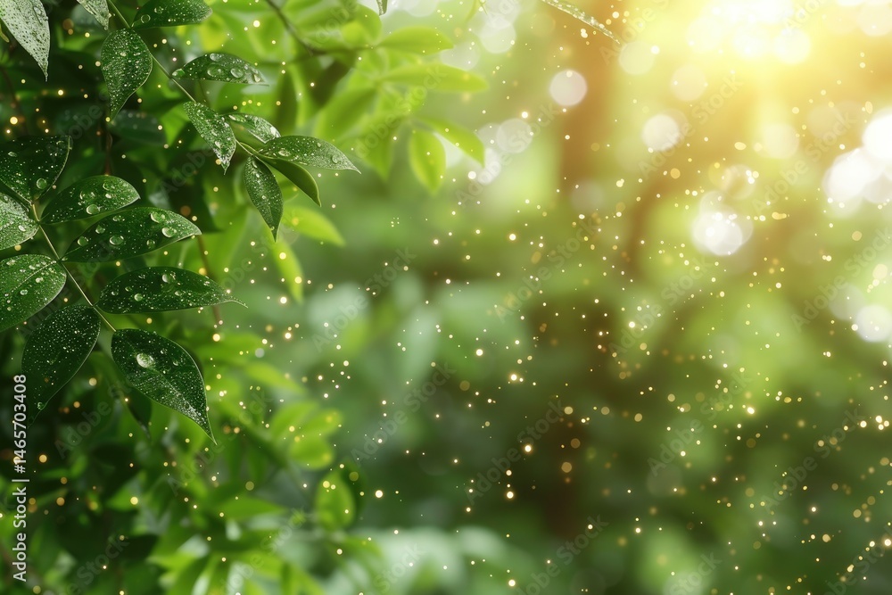 Poster lush greenery illuminated by sunlight and sparkling particles.