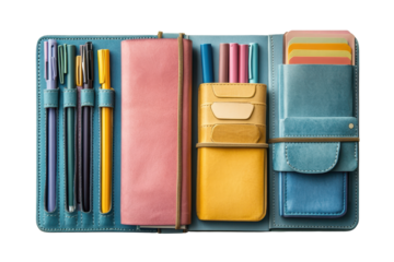 Colorful collection of notebooks and planners stacked together on a transparent background for creative inspiration and organization