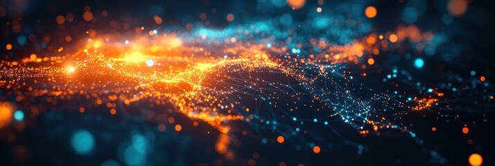 Abstract digital network with glowing orange and blue interconnected nodes and lines creating a dynamic wave-like pattern in dark space