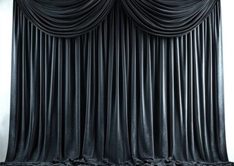 Luxurious black velvet stage curtains with elegant draped swags creating a rich and dramatic atmosphere