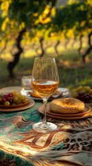 Fototapeta premium Georgia vineyard wine tasting with glass, grapes, and bread on tablecloth in sunlit vineyard setting