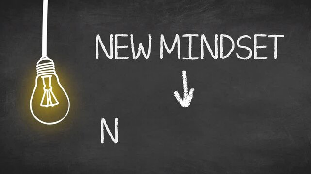 Light bulb with the text new mindset new results on chalkboard