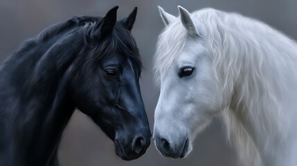 Obraz premium 見つめ合う黒と白の馬