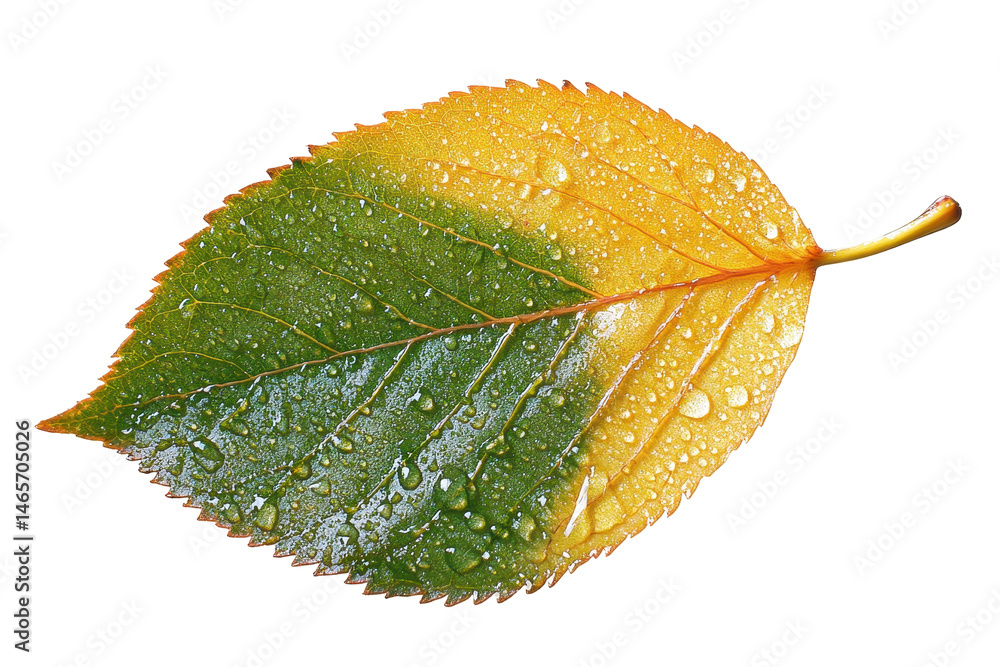 Poster Leaf displaying vibrant gradients of green and yellow with water droplets on a transparent background for design or educational use