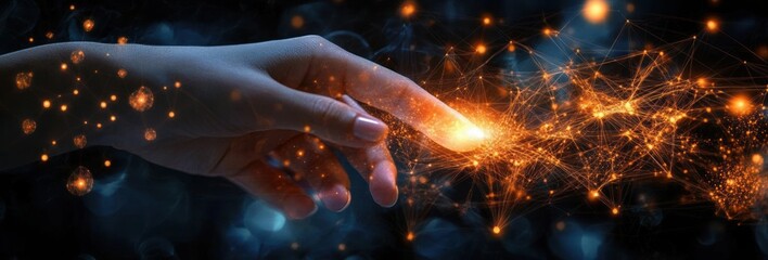 Human hand with glowing fingertip touching and connecting a network of bright, interconnected orange light nodes, symbolizing energy and connectivity